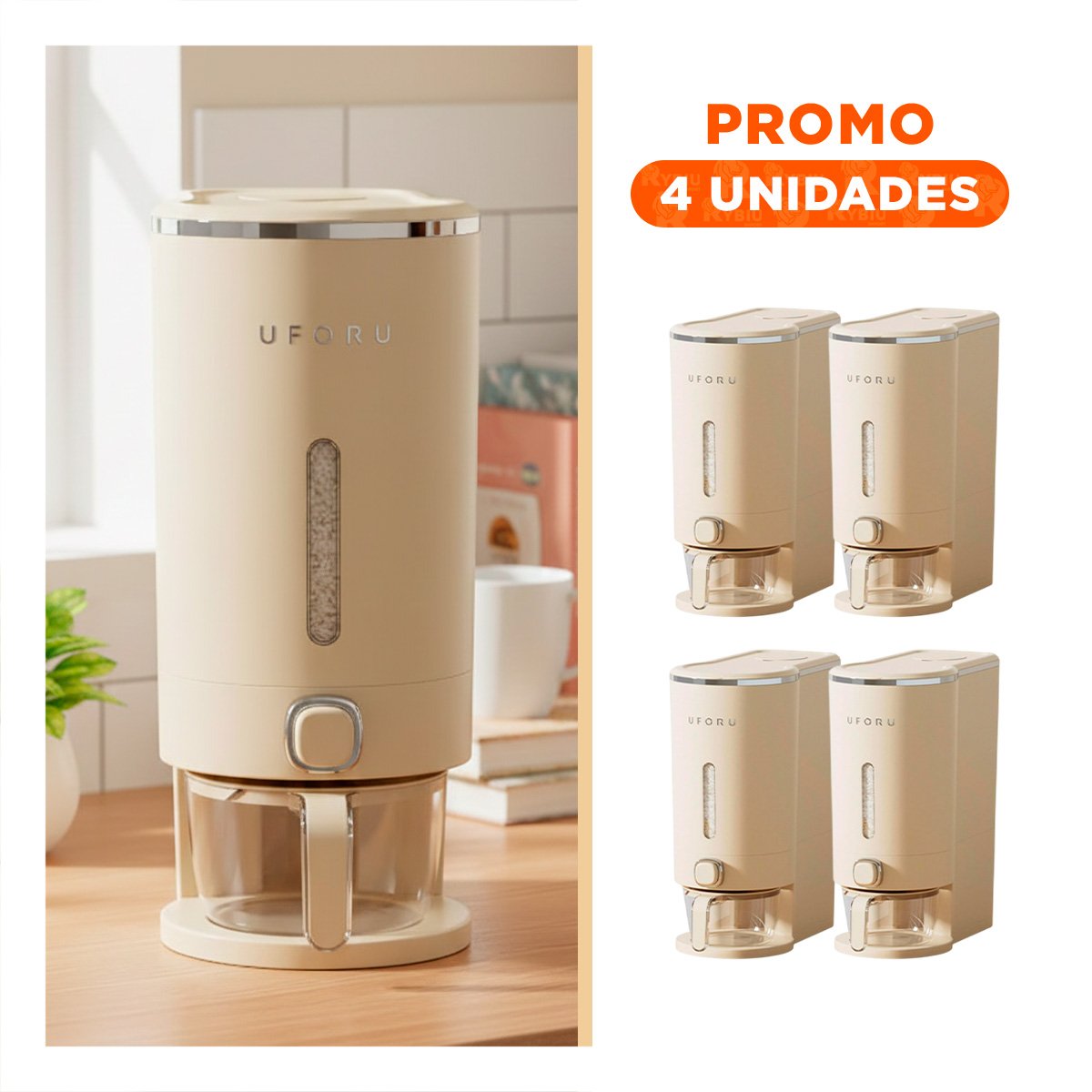 PACK4 DISPENSADOR 10L PLATEADO Y CREMA PARA GRANOS USO DIARIO EN COCINA Y+REGALO STICKER - 1