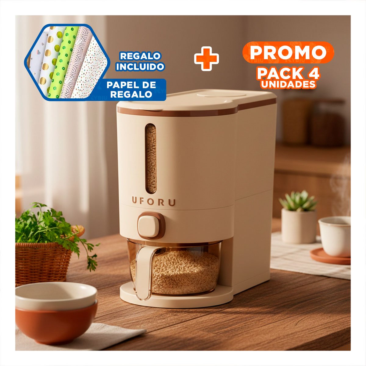 PACK4 DISPENSADOR DE GRANOS 5L COLOR CREMA Y MARRON FUNCIONAL Y+PAPEL REGALO - 1