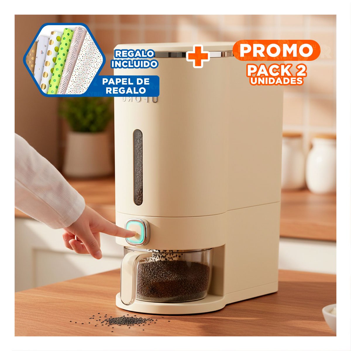 PACK2 CONTENEDOR DE GRANOS 10L COLOR CREMA Y PLATEADO FUNCIONAL Y DECORATIVO Y+PAPEL REGALO - 1