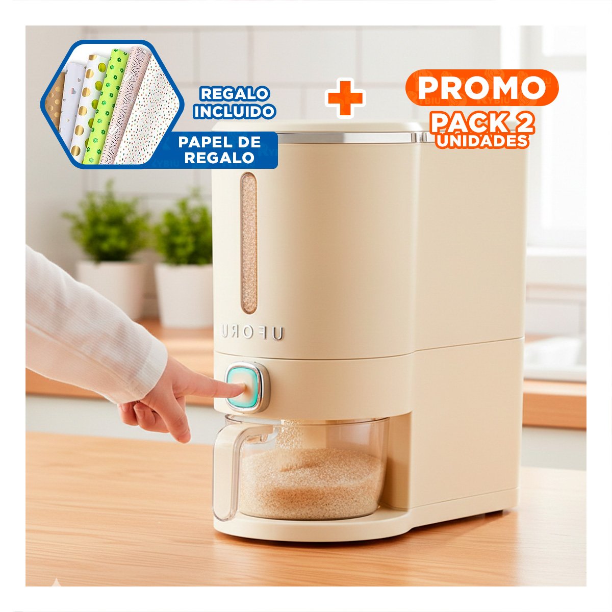 PACK2 CONTENEDOR DE GRANOS 5L COLOR CREMA Y PLATEADO FUNCIONAL Y DECORATIVO Y+PAPEL REGALO - 1