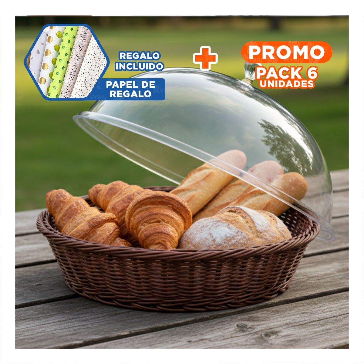 PACK6 CESTA CON CUPULA MARRON DE PLASTICO 31X23CM PARA EXHIBIR PAN Y POSTRES Y+PAPEL REGALO - 1