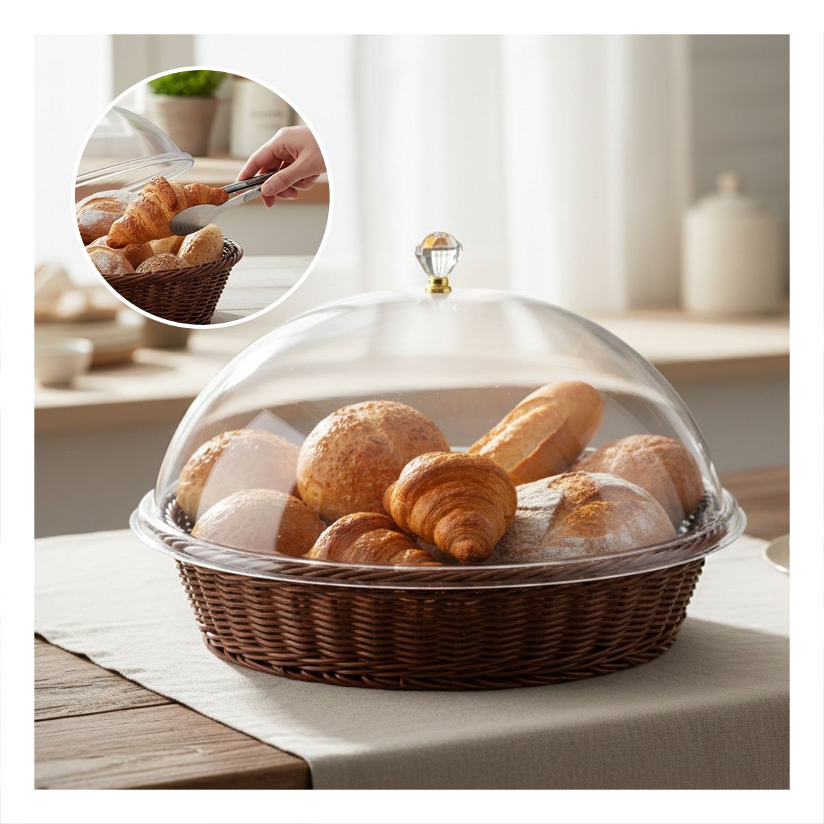 PACK6 CESTA CON CUPULA MARRON DE PLASTICO 31X23CM PARA EXHIBIR PAN Y POSTRES Y+PAPEL REGALO - 2