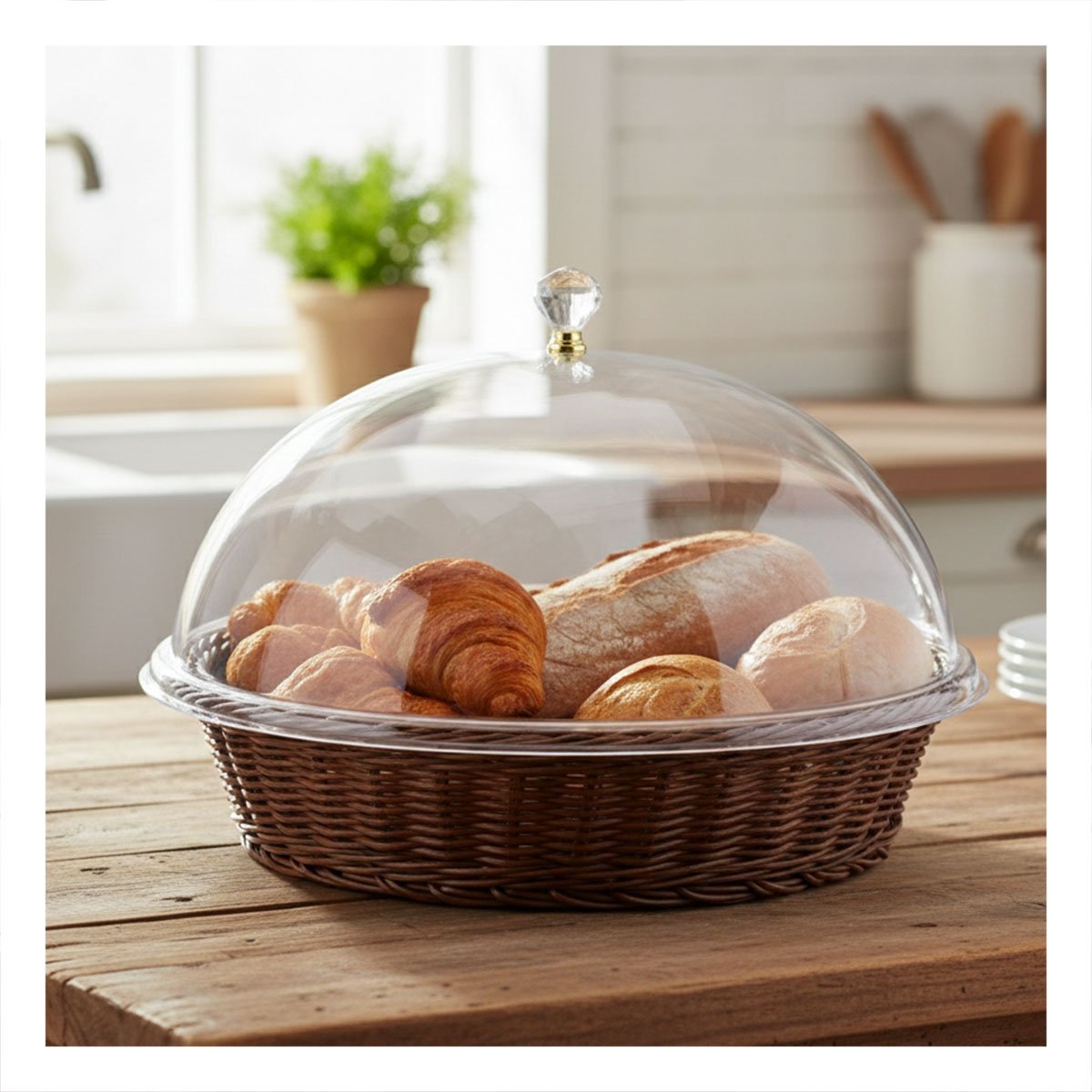 PACK6 CESTA CON CUPULA MARRON DE PLASTICO 31X23CM PARA EXHIBIR PAN Y POSTRES Y+PAPEL REGALO - 5