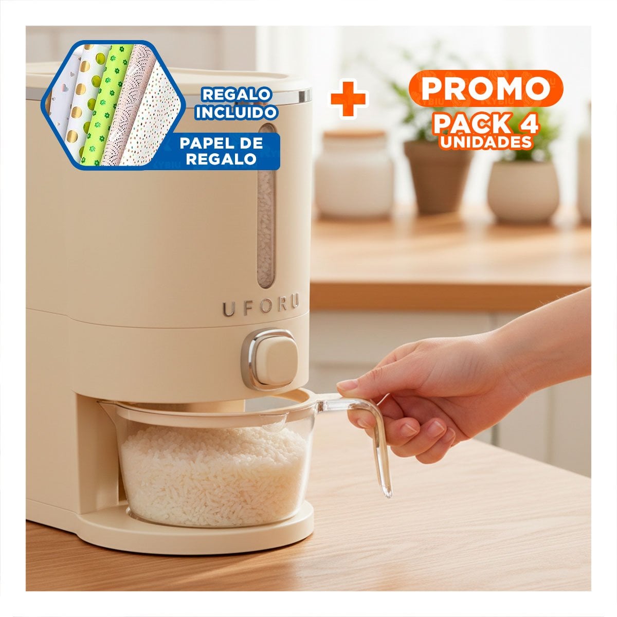 PACK4 DISPENSADOR DE GRANOS 5L COLOR CREMA Y PLATEADO FUNCIONAL Y+PAPEL REGALO - 1
