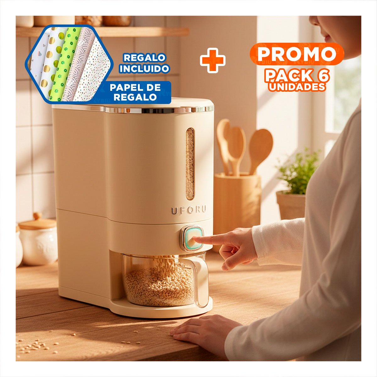PACK6 RECIPIENTE DE DISPENSADOR COLOR CREMA Y PLATEADO 5L FUNCIONAL Y+PAPEL REGALO - 1