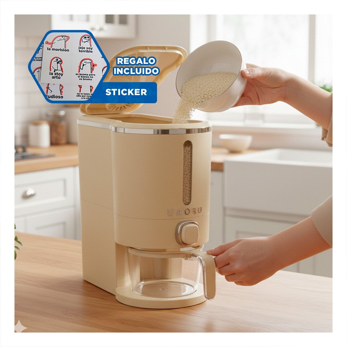 BASE DE DISPENSADOR DE COLOR CREMA Y PLATEADO 10L PARA MESA COMEDOR Y+REGALO STICKER - 1