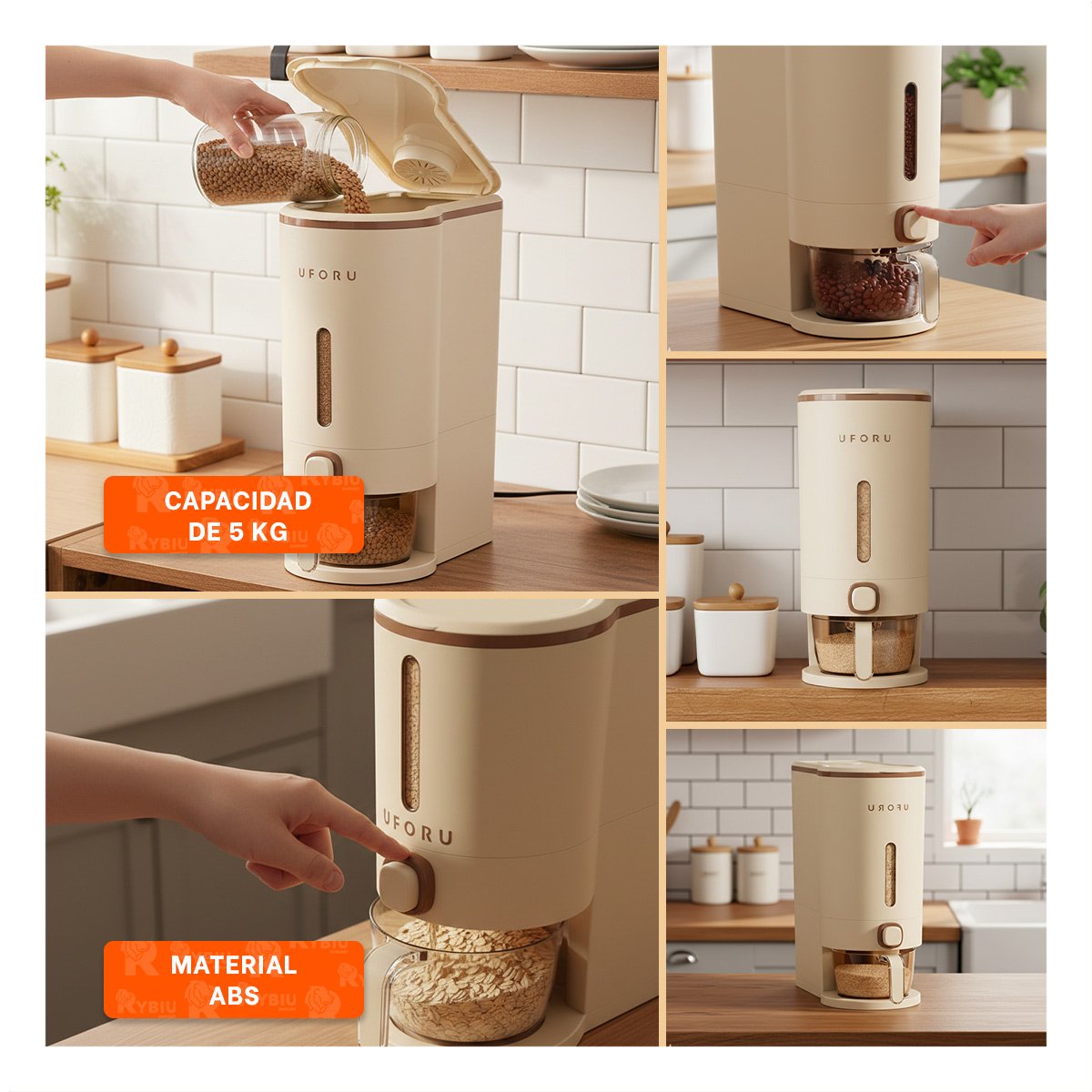 BASE DE DISPENSADOR DE GRANOS MARRON Y CREMA 10L PARA SERVIR ALIMENTOS - 5