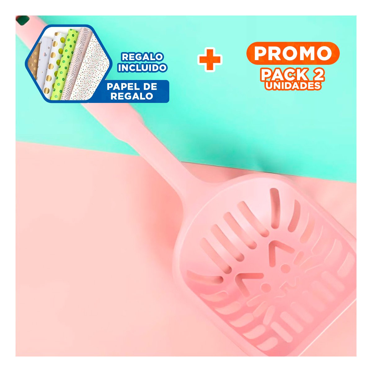 PACK2 ARTICULO PLASTICO PARA LIMPIEZA DE ARENERO CARA DE GATO ROSADO PASTEL Y+PAPEL REGALO - 1