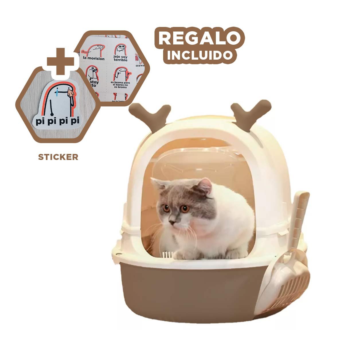 CAJA SANITARIA ABIERTA RENO 2 EN 1 CON PALA PARA GATO HOGAR Y+REGALO STICKER - 1