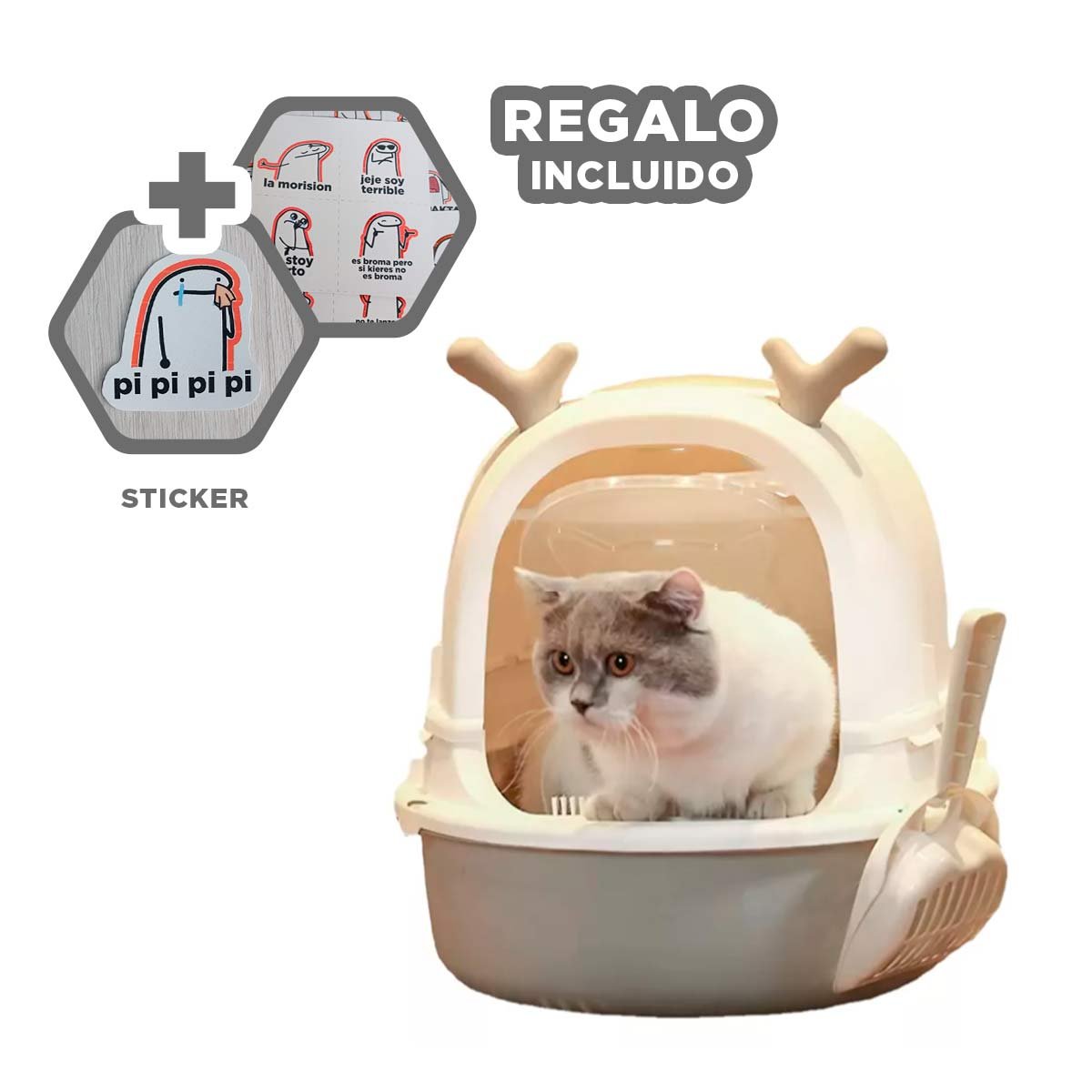 CAJA SANITARIA ABIERTA RENO 2 EN 1 CON PALA PARA GATO HOGAR Y+REGALO STICKER - 1