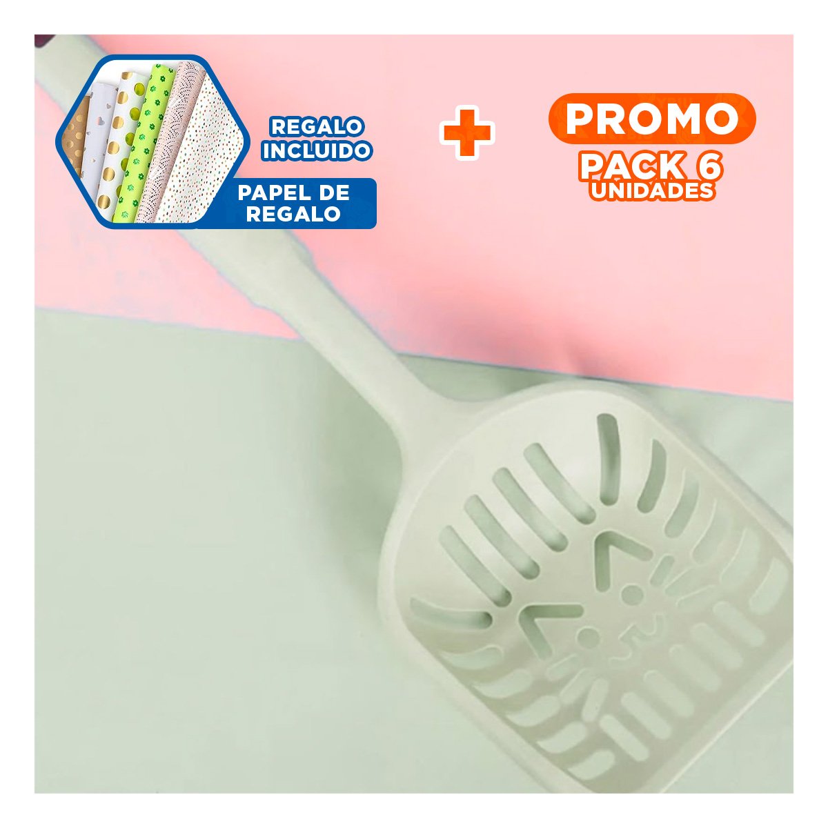 PACK6 CUCHARA PRACTICA 40X13CM GATO VERDE PASTEL Y+PAPEL REGALO - 1