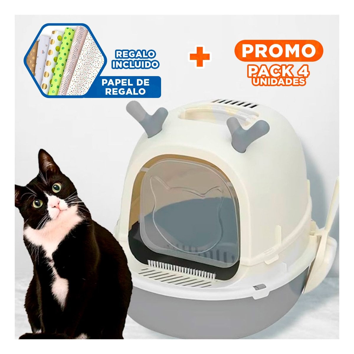 PACK4 BANO GRANDE PARA GATO RENO 2 EN 1 CON PALA HOGAR Y+PAPEL REGALO - 1