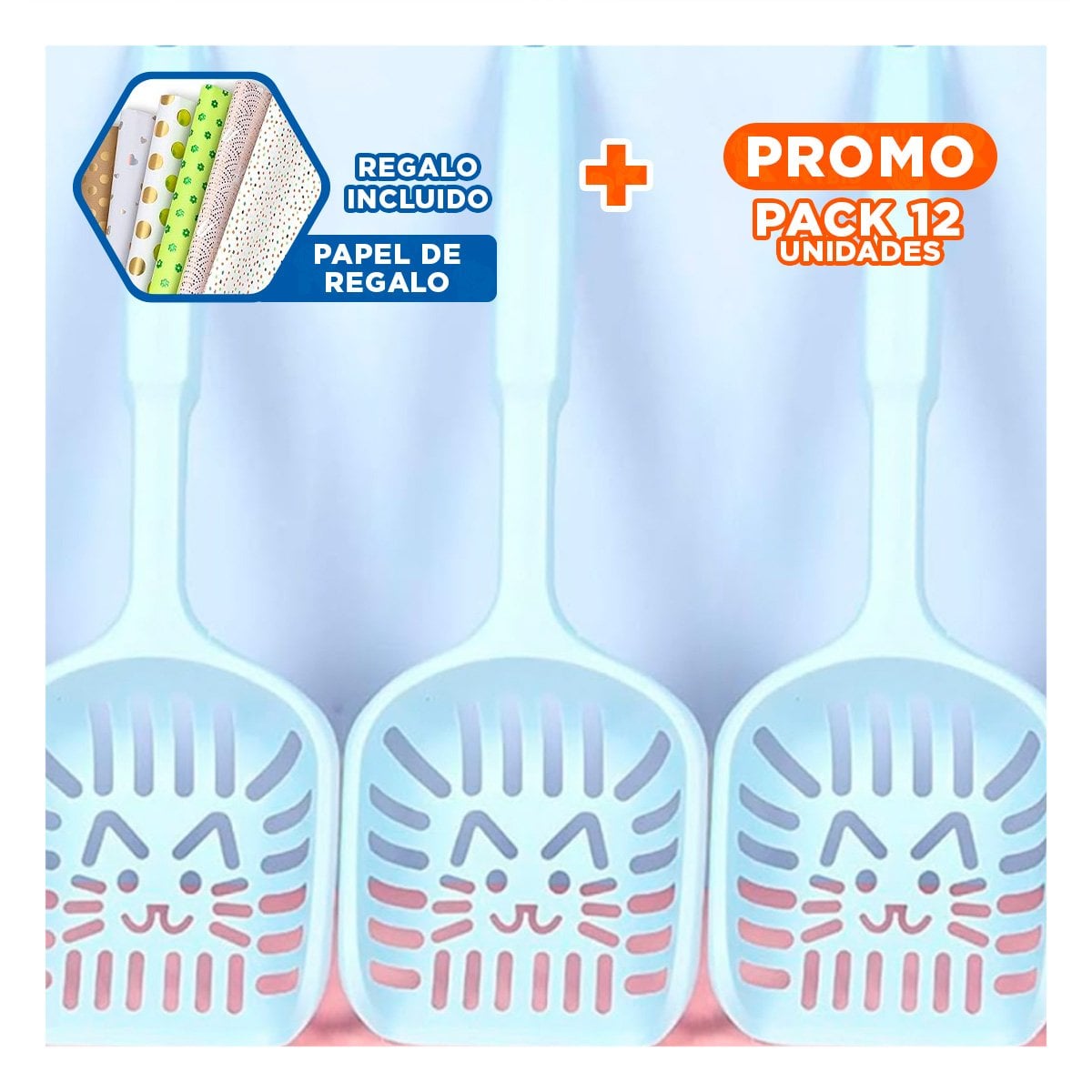 PACK12 LIMPIA ARENA FUNCIONAL 40X13CM MASCOTAS CELESTE PASTEL Y+PAPEL REGALO - 1