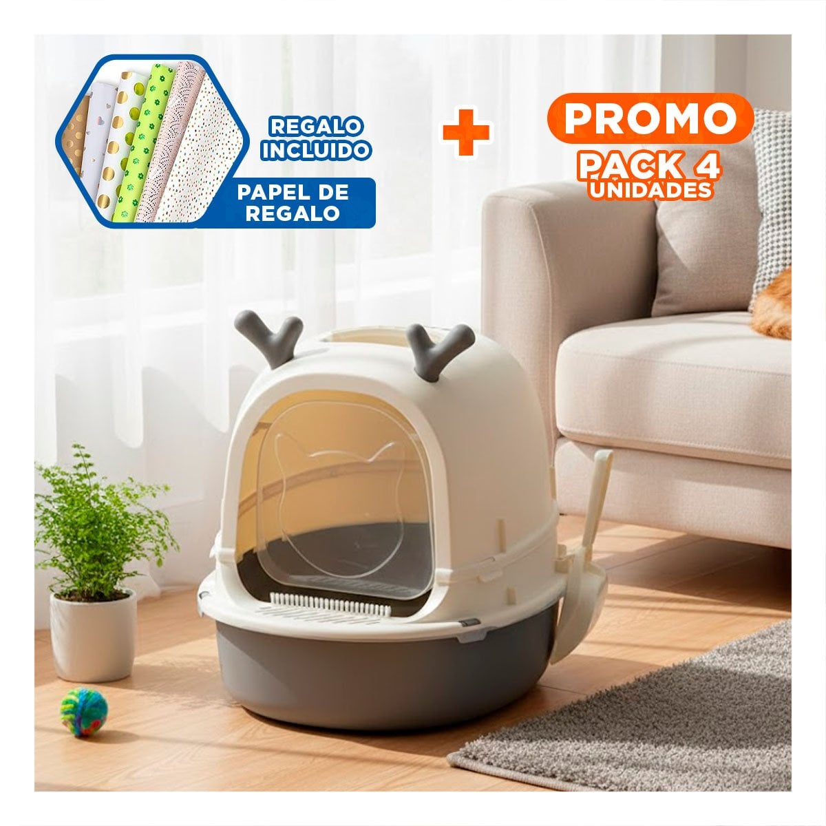 PACK4 BANO GRANDE PARA GATO RENO 2 EN 1 CON PALA CASA Y+PAPEL REGALO - 1