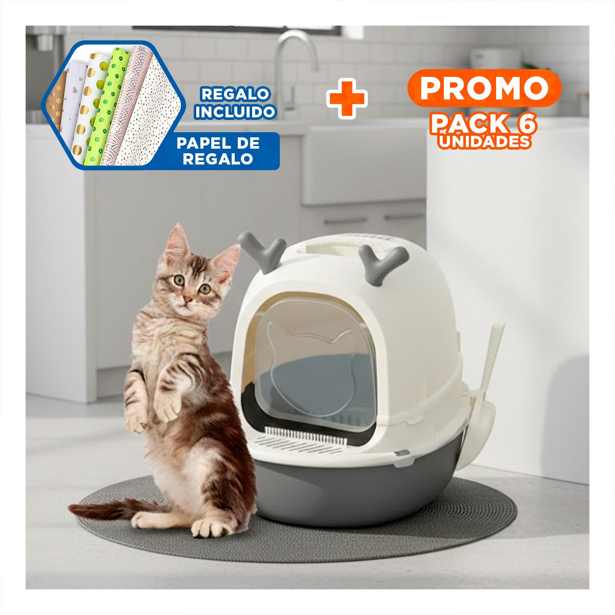 PACK6 CAJA PRACTICA PARA GATO RENO 2 EN 1 CON PALA HOGAR Y+PAPEL REGALO - 1