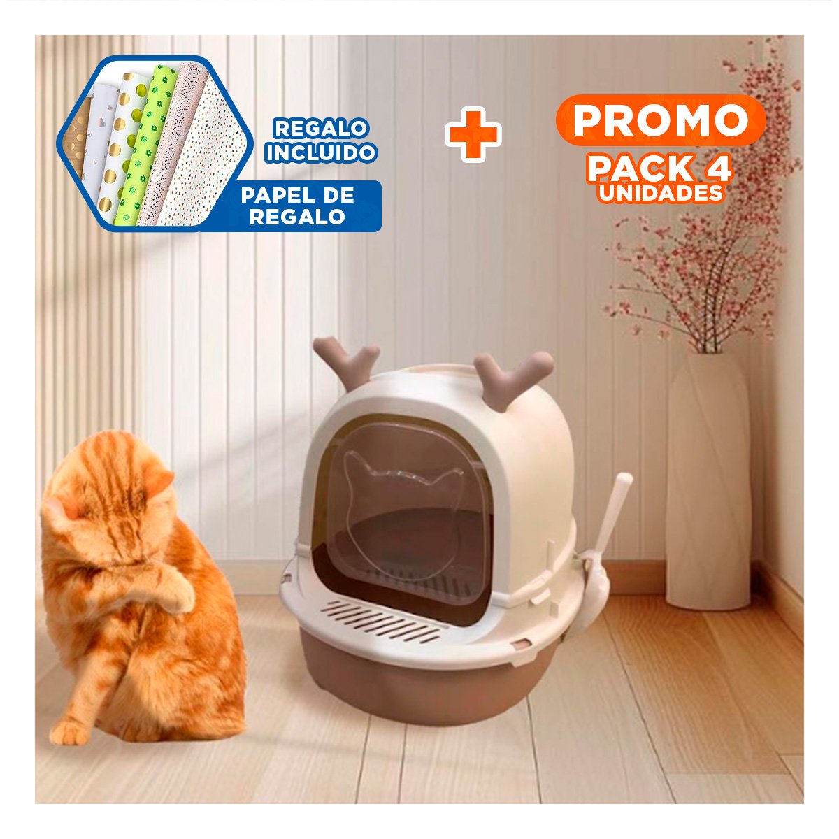 PACK4 BANO GRANDE PARA GATO RENO 2 EN 1 CON PALA HOGAR Y+PAPEL REGALO - 1