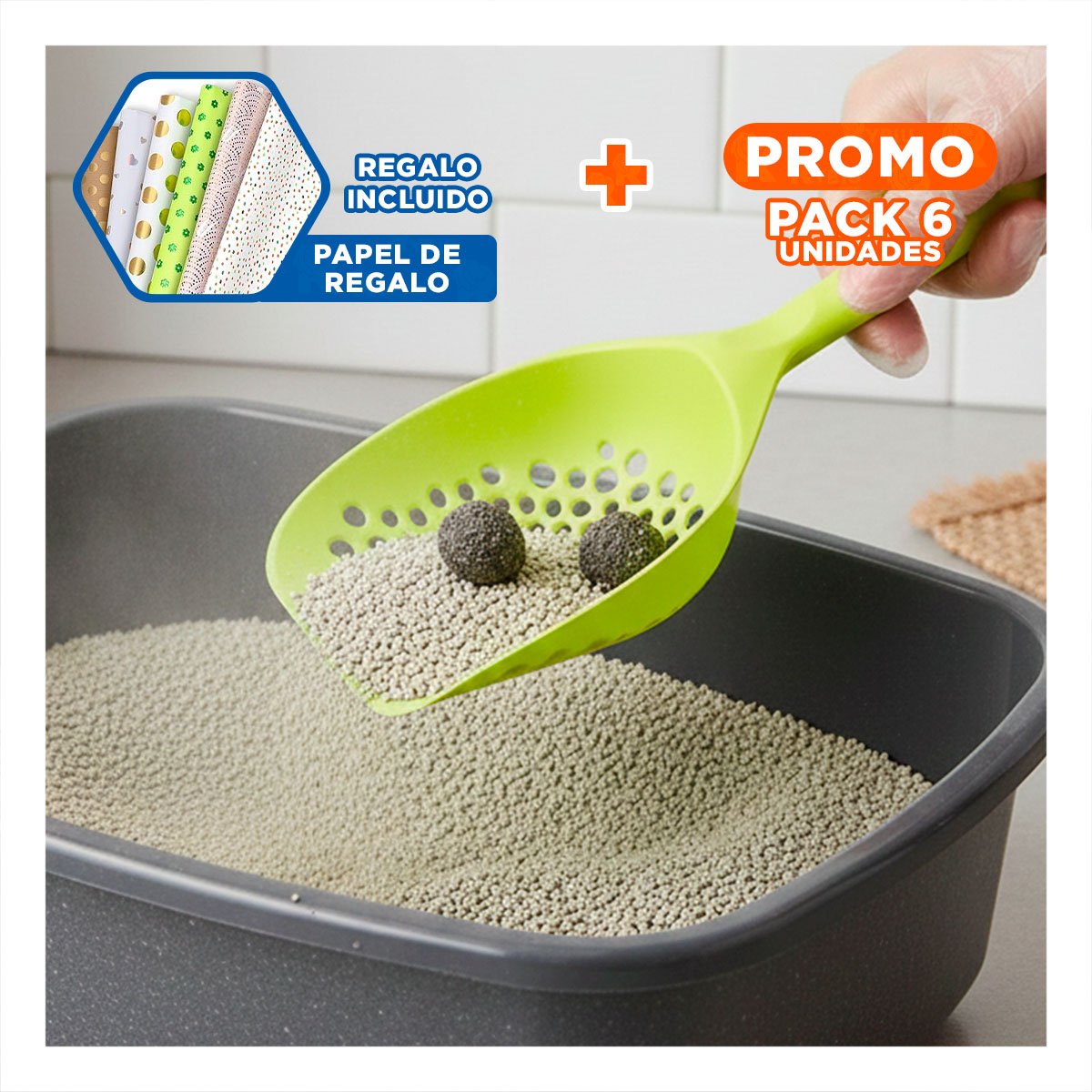 PACK6 PALA COMPACTA 32X16CM PARA LIMPIEZA DE ARENA AMARILLO Y+PAPEL REGALO - 1