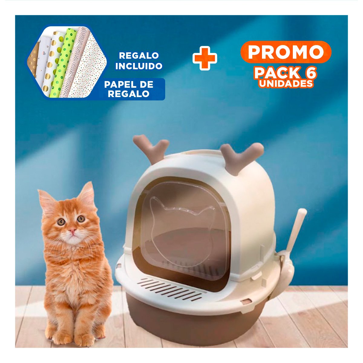 PACK6 CAJA PRACTICA PARA GATO RENO 2 EN 1 CON PALA HOGAR Y+PAPEL REGALO - 1