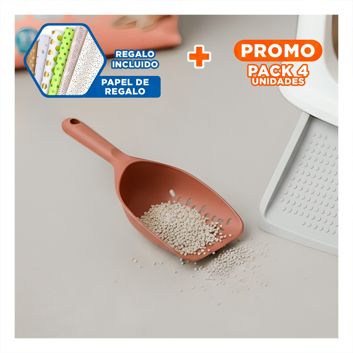 PACK4 RECOGEDOR SANITARIO PARA ARENERO DE GATO 32X16CM CON DISENO PERFORADO Y+PAPEL REGALO - 1