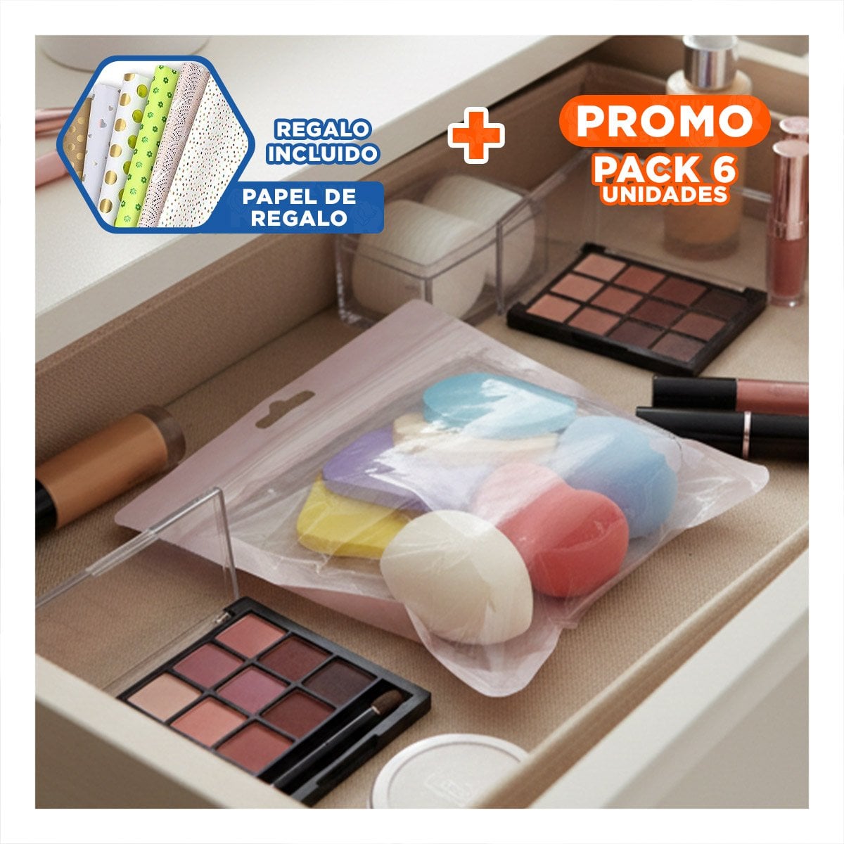 PACK6 HERRAMIENTA CLASICA MULTICOLOR PARA MAQUILLAJE CON 7 PIEZAS RESISTENTE Y+PAPEL REGALO - 1
