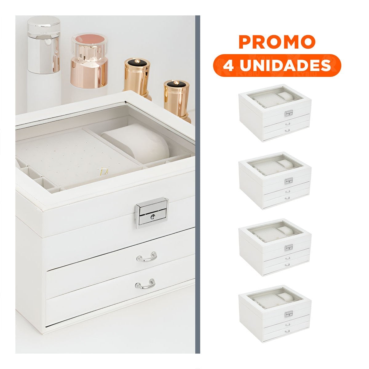 PACK4 CAJA ORGANIZADORA COMPACTA BLANCO PARA JOYERO 3 NIVELES COMODA Y UTIL Y+REGALO STICKER - 1