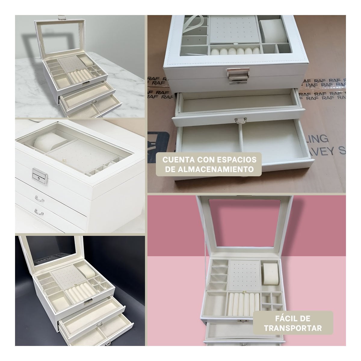 PACK4 CAJA ORGANIZADORA COMPACTA BLANCO PARA JOYERO 3 NIVELES COMODA Y UTIL Y+REGALO STICKER - 2