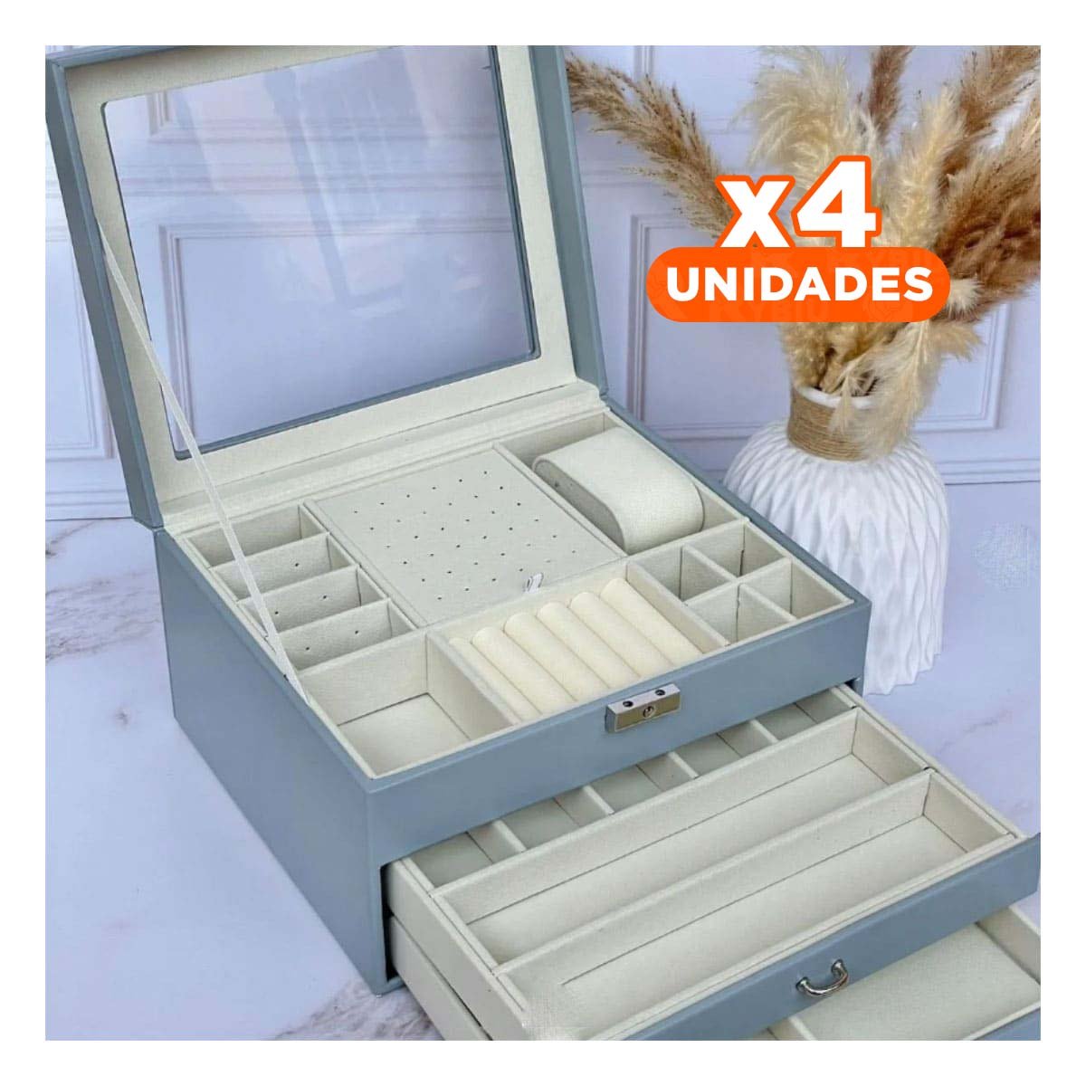 PACK4 CAJA ORGANIZADORA CELESTE ACERO PARA JOYERO 3 NIVELES RESISTENTE - 1