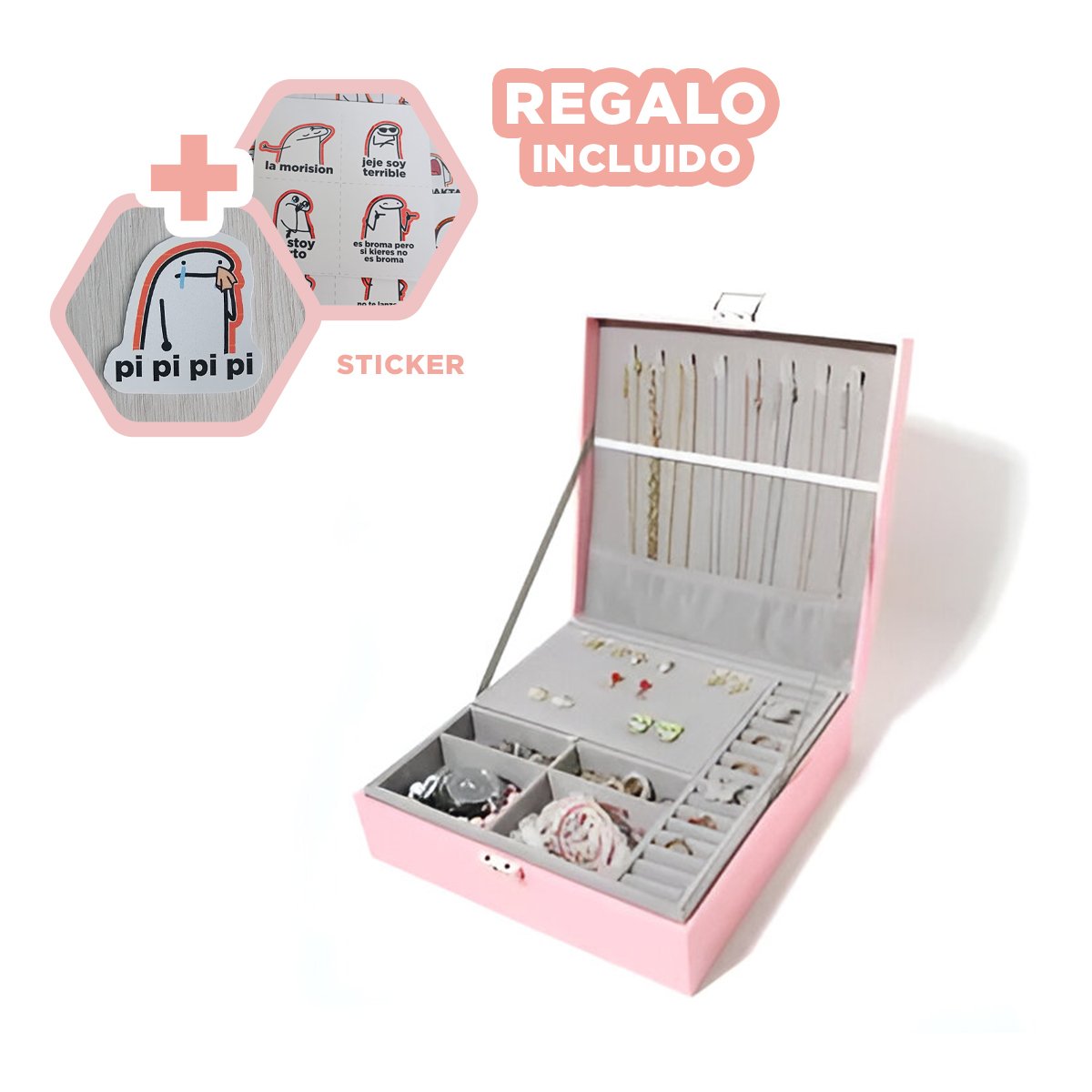ORGANIZADOR COMPACTO ROSADO PARA JOYERO 2 NIVELES COMODO UTIL LIGERO Y+REGALO STICKER - 1