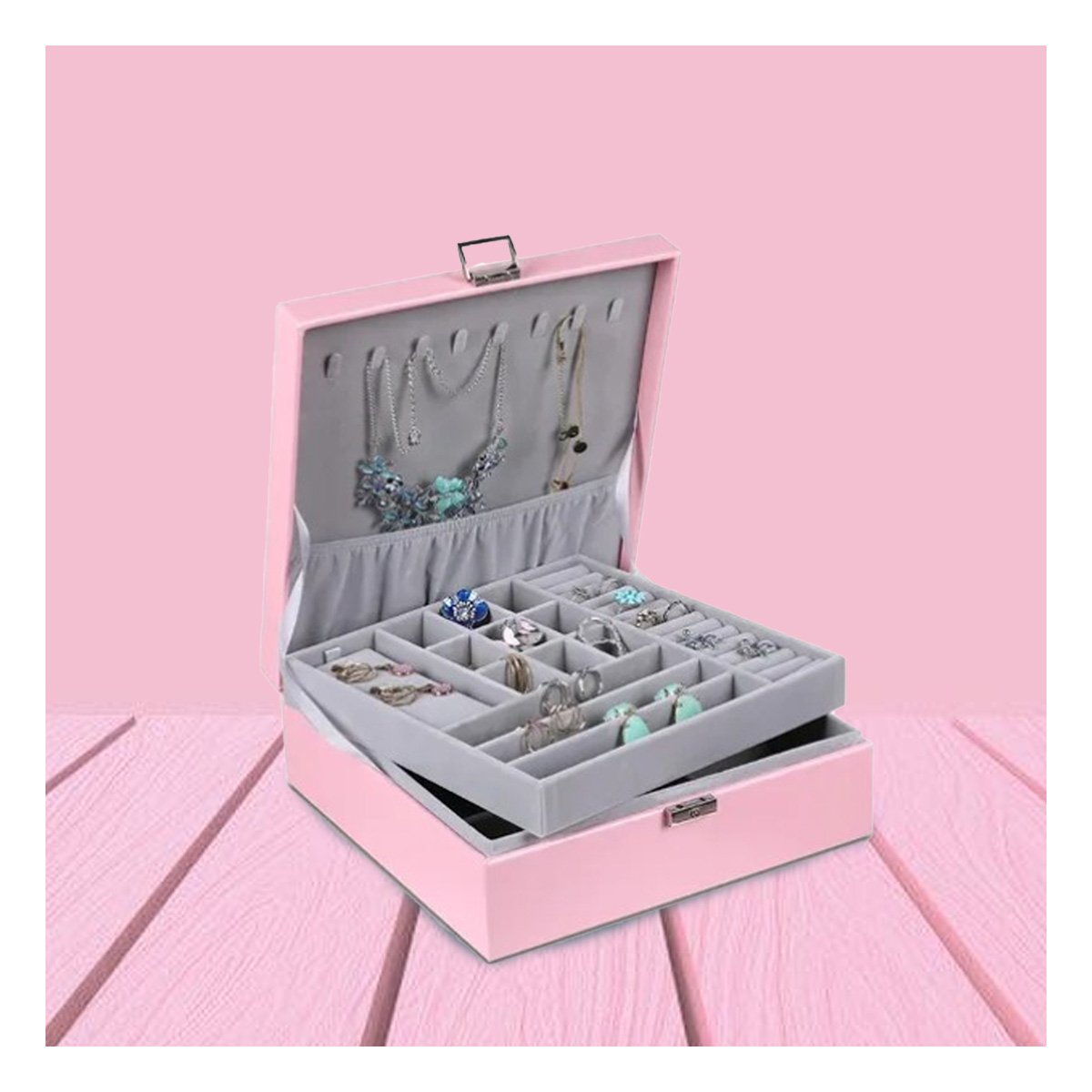 ORGANIZADOR COMPACTO ROSADO PARA JOYERO 2 NIVELES COMODO UTIL LIGERO Y+REGALO STICKER - 5