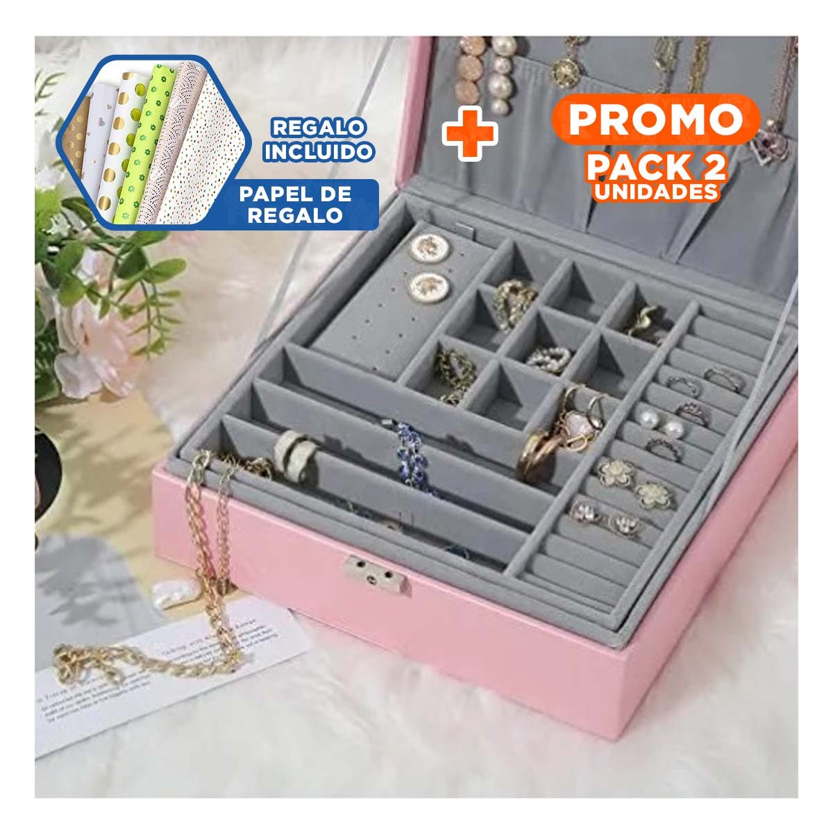 PACK2 CONTENEDOR MANUAL ROSADO PARA JOYERO 2 NIVELES FACIL CONFIABLE UTIL Y+PAPEL REGALO - 1