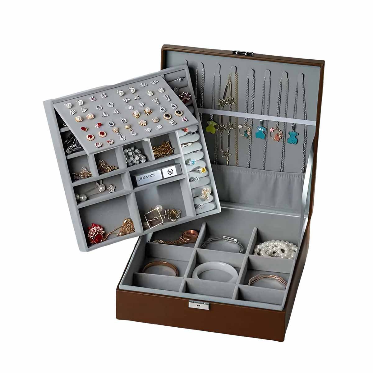PACK6 ESTUCHE ORGANIZADORA MARRON PARA JOYERO 2 NIVELES RESISTENTE PRACTICO Y+REGALO STICKER - 2