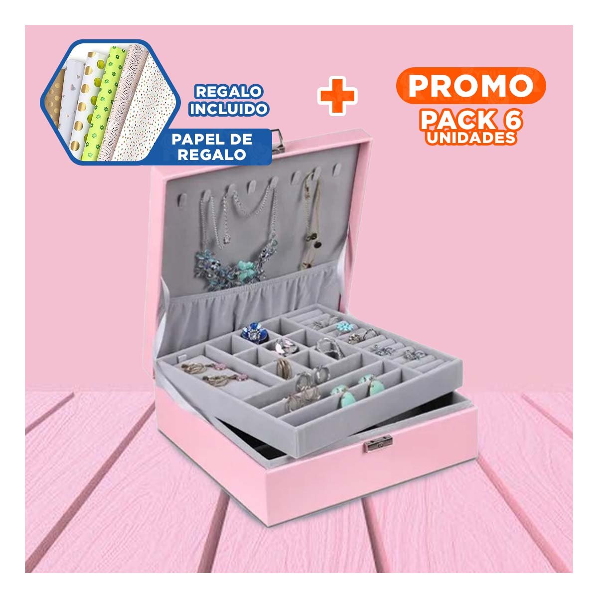 PACK6 CAJA ORGANIZADORA COMPACTA ROSADO PARA JOYERO 2 NIVELES COMODA UTIL LIGERA Y+PAPEL REGALO - 1