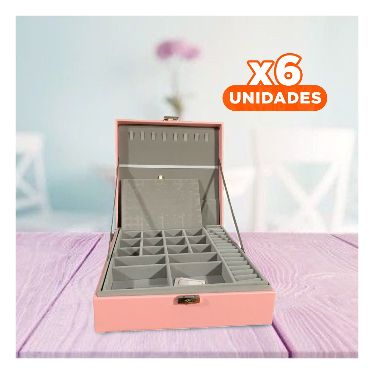 PACK6 CAJA ORGANIZADORA PORTATIL ROSADO PARA JOYERO 2 NIVELES LIGERA PRACTICA Y+REGALO STICKER - 1