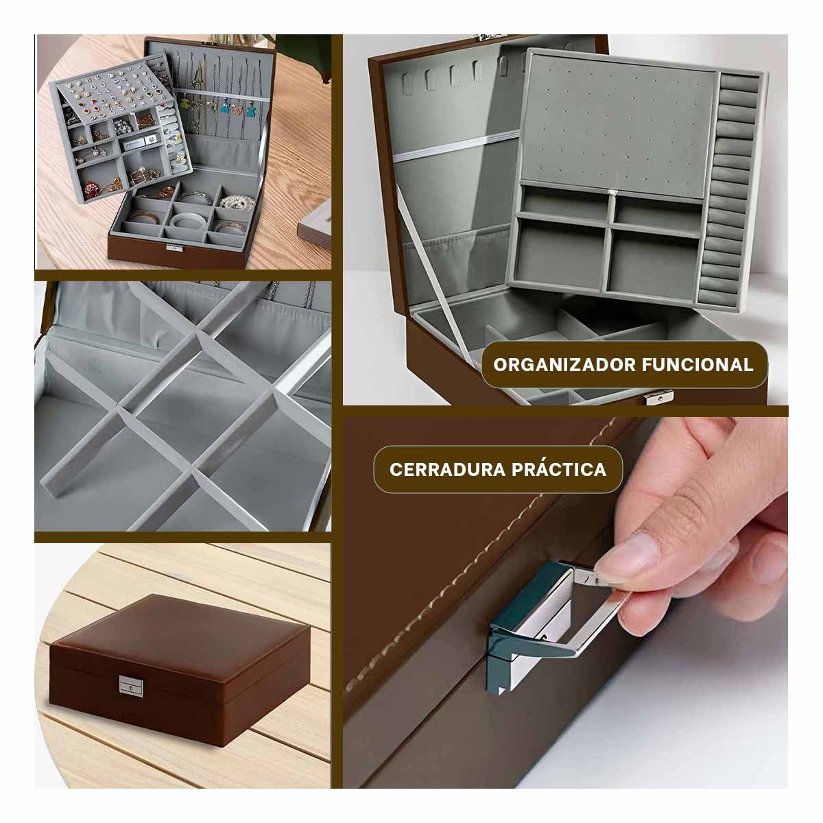 ORGANIZADOR PORTATIL MARRON PARA JOYERO 2 NIVELES LIGERO PRACTICO DURABLE Y+LIGAS REGALO - 5