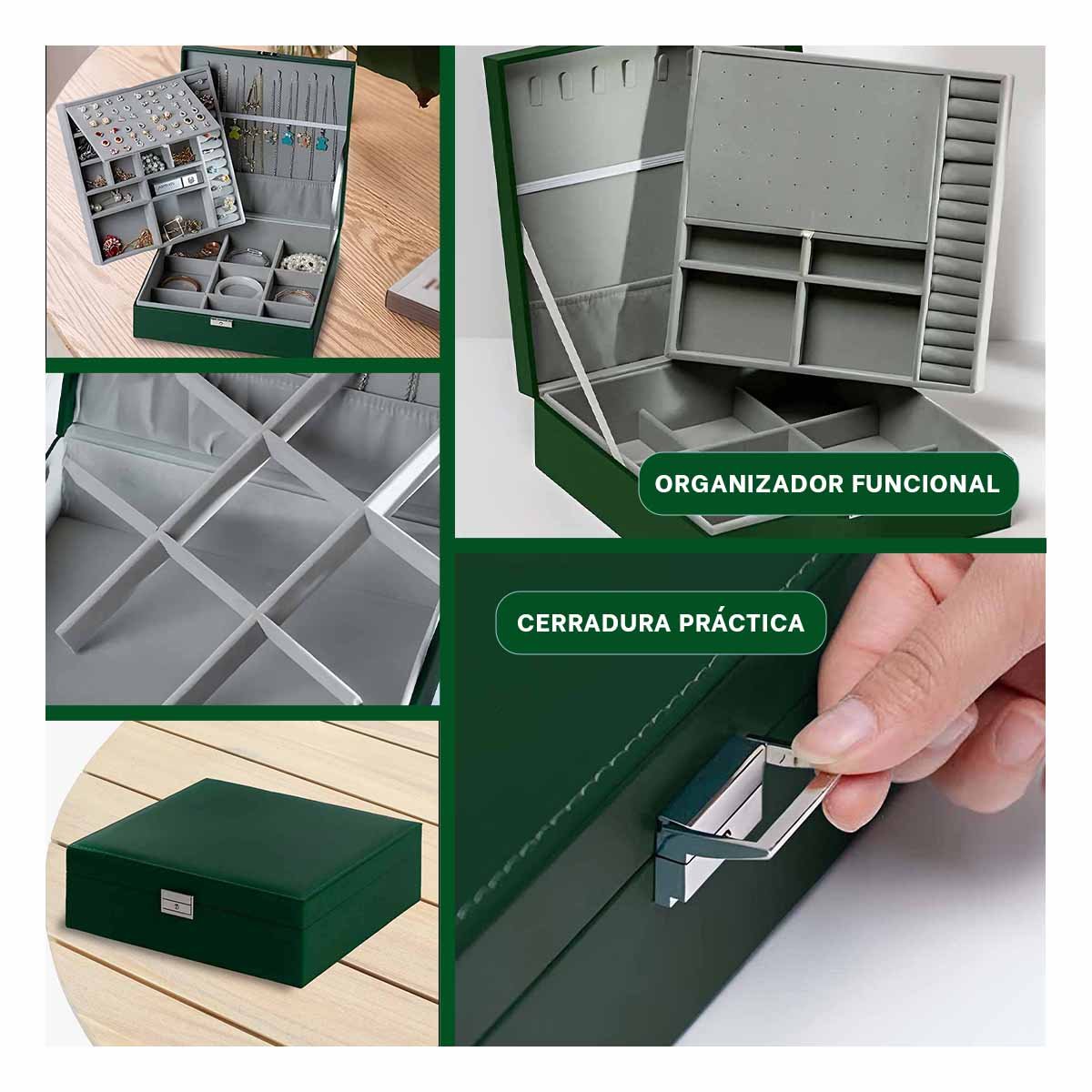 ORGANIZADOR PROFESIONAL VERDE OSCURO PARA JOYERO 2 NIVELES DURADERO SEGURO RESISTENTE Y+POST IT - 1
