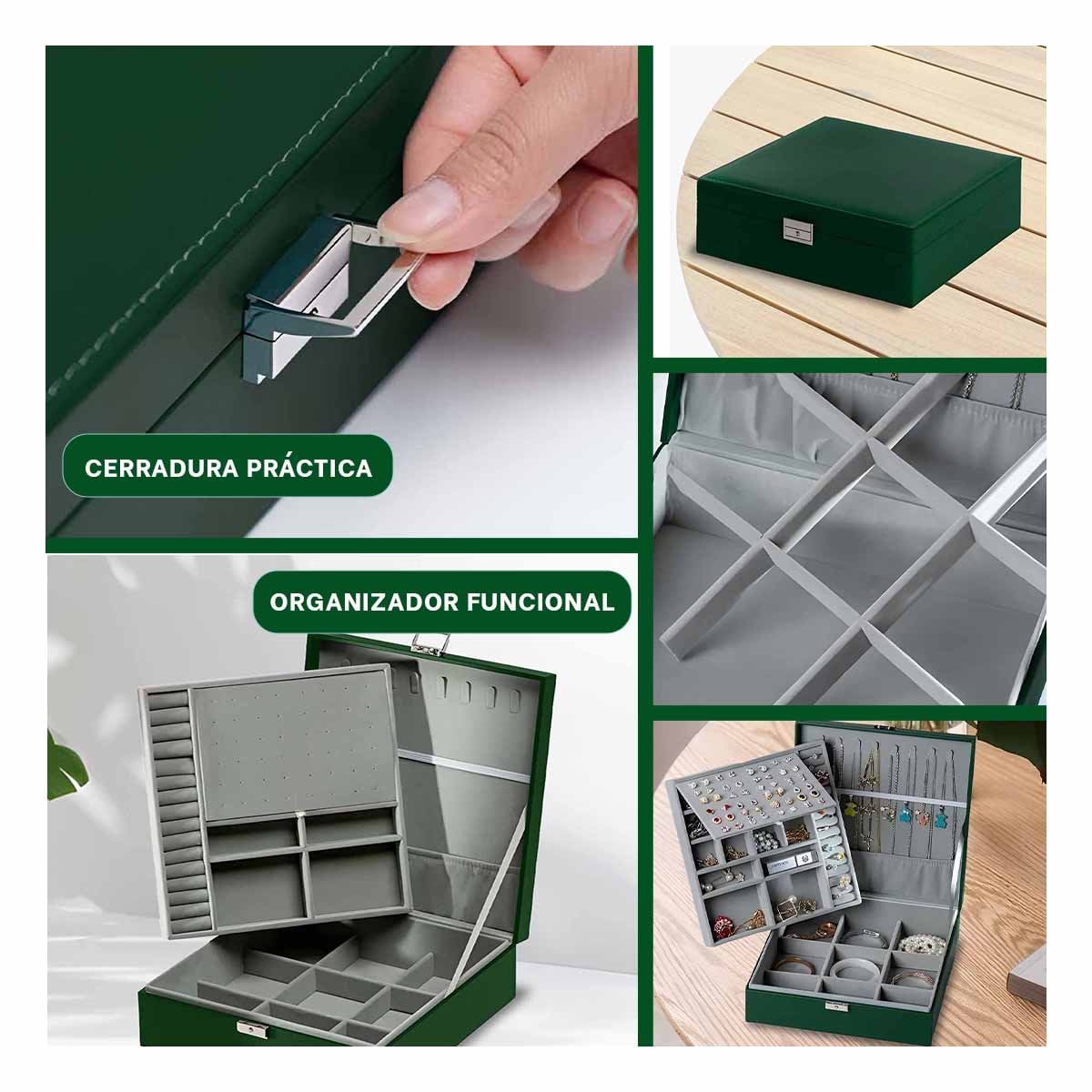 ORGANIZADOR PROFESIONAL VERDE OSCURO PARA JOYERO 2 NIVELES DURADERO SEGURO RESISTENTE Y+POST IT - 5