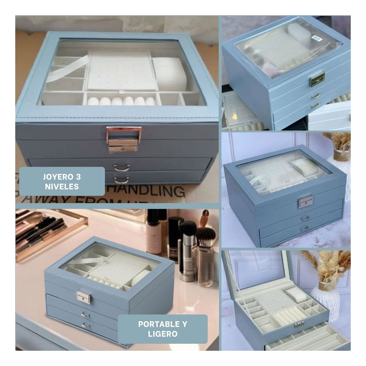 ORGANIZADOR PROFESIONAL CELESTE ACERO PARA JOYERO 3 NIVELES ALTA CALIDAD Y+POST IT - 1