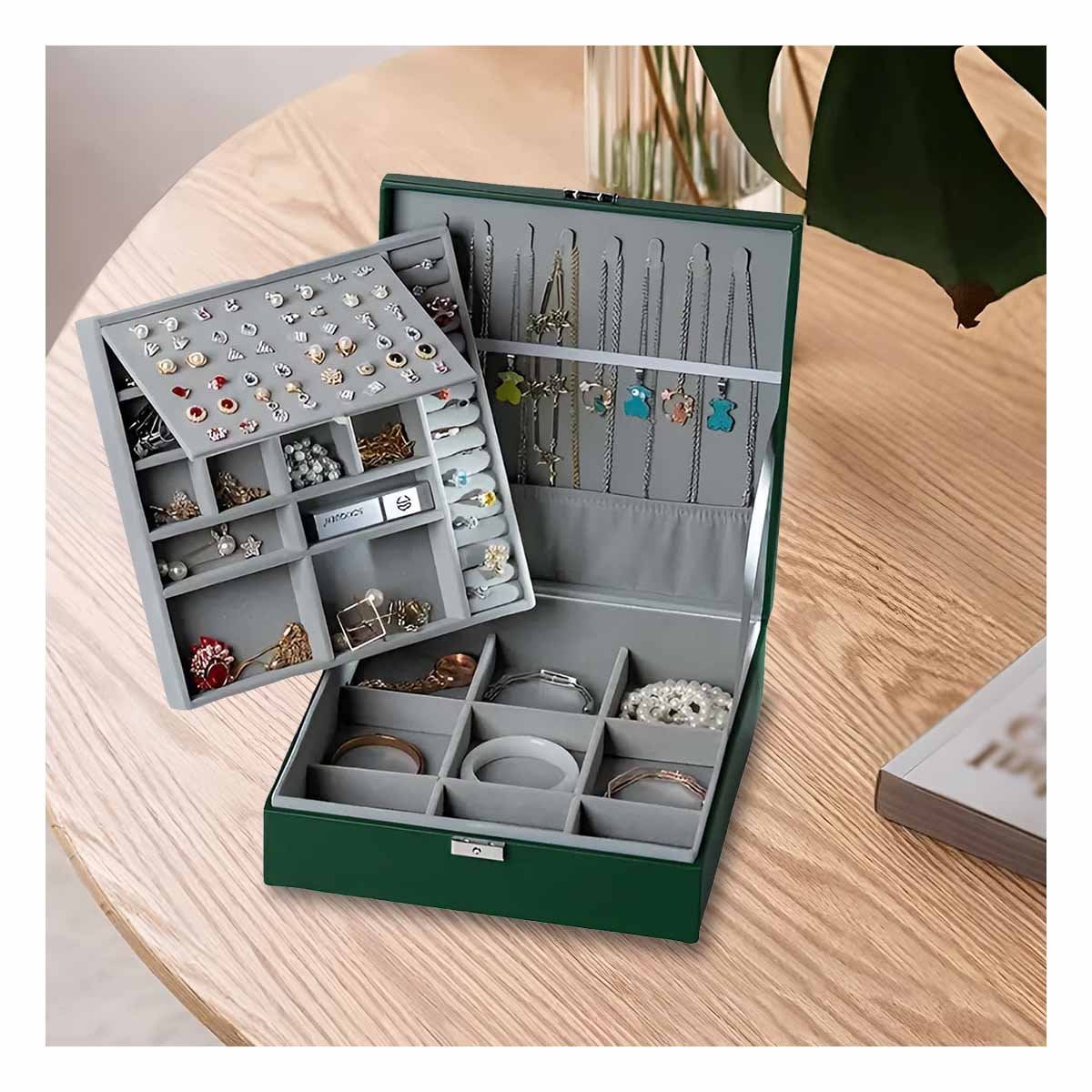 PACK4 CAJA ORGANIZADORA VERDE OSCURO PARA JOYERO 2 NIVELES RESISTENTE PRACTICA Y+REGALO STICKER - 3