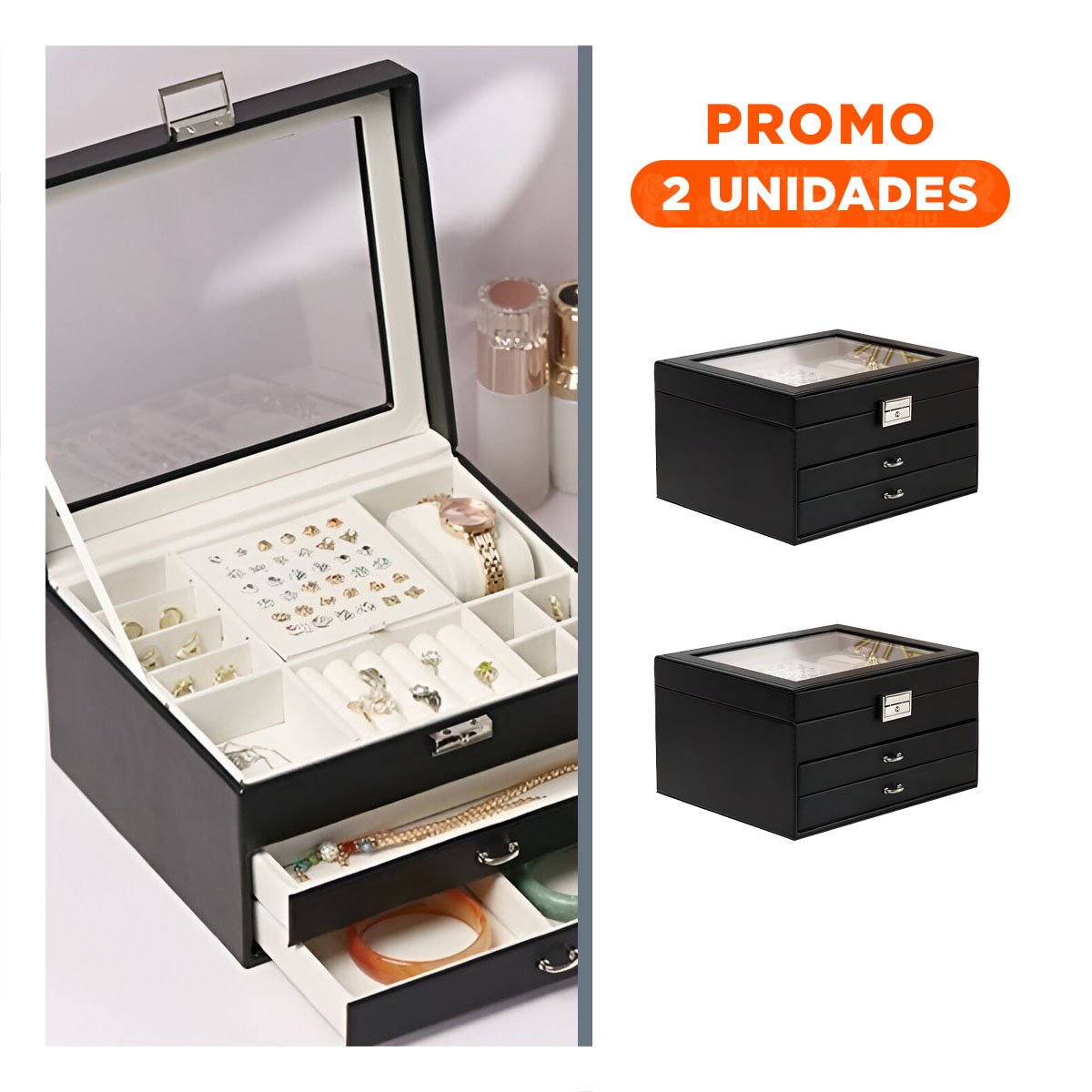 PACK2 CONTENEDOR COMPACTO NEGRO PARA JOYERO 3 NIVELES COMODO Y UTIL - 1