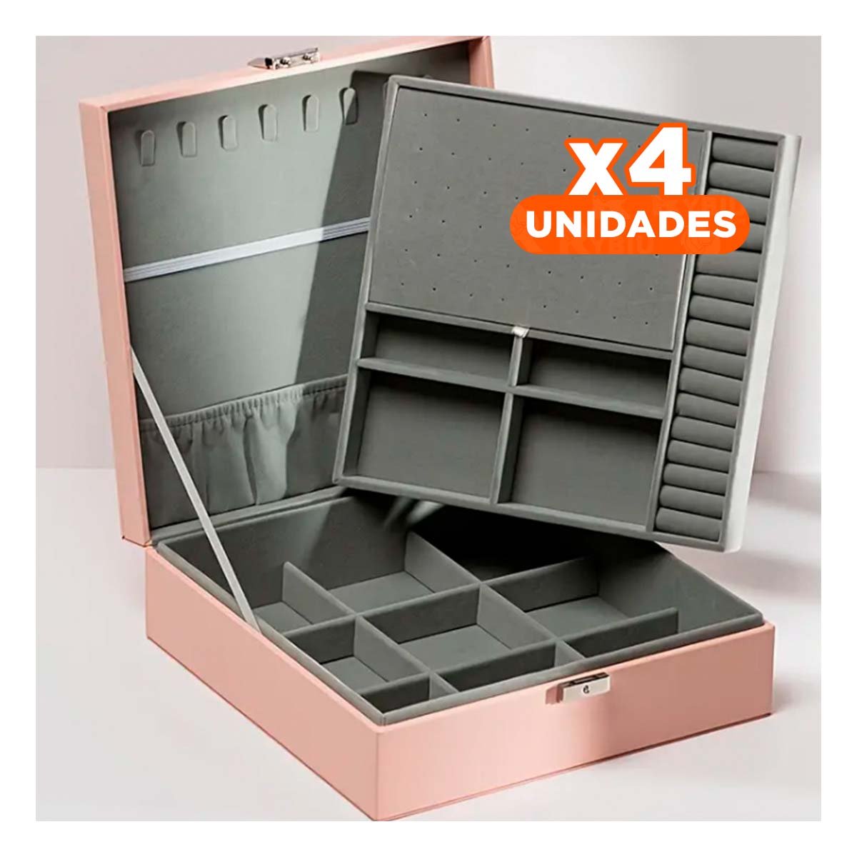 PACK4 CONTENEDOR PORTATIL ROSADO PARA JOYERO 2 NIVELES LIGERO PRACTICO DURABLE - 1