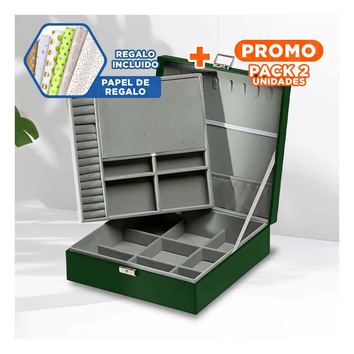 PACK2 CONTENEDOR MANUAL VERDE OSCURO PARA JOYERO 2 NIVELES FACIL CONFIABLE UTIL Y+PAPEL REGALO - 1