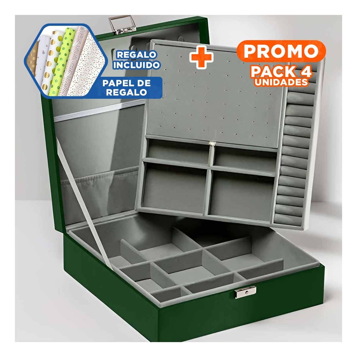 PACK4 CONTENEDOR PROFESIONAL VERDE OSCURO PARA JOYERO 2 NIVELES DURADERO SEGURO Y+PAPEL REGALO - 1