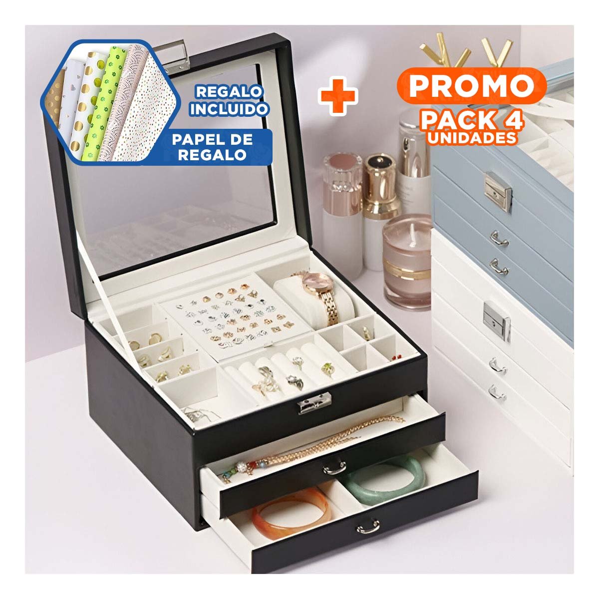 PACK4 CAJA ORGANIZADORA MANUAL NEGRO PARA JOYERO 3 NIVELES FACIL DE USAR Y+PAPEL REGALO - 1