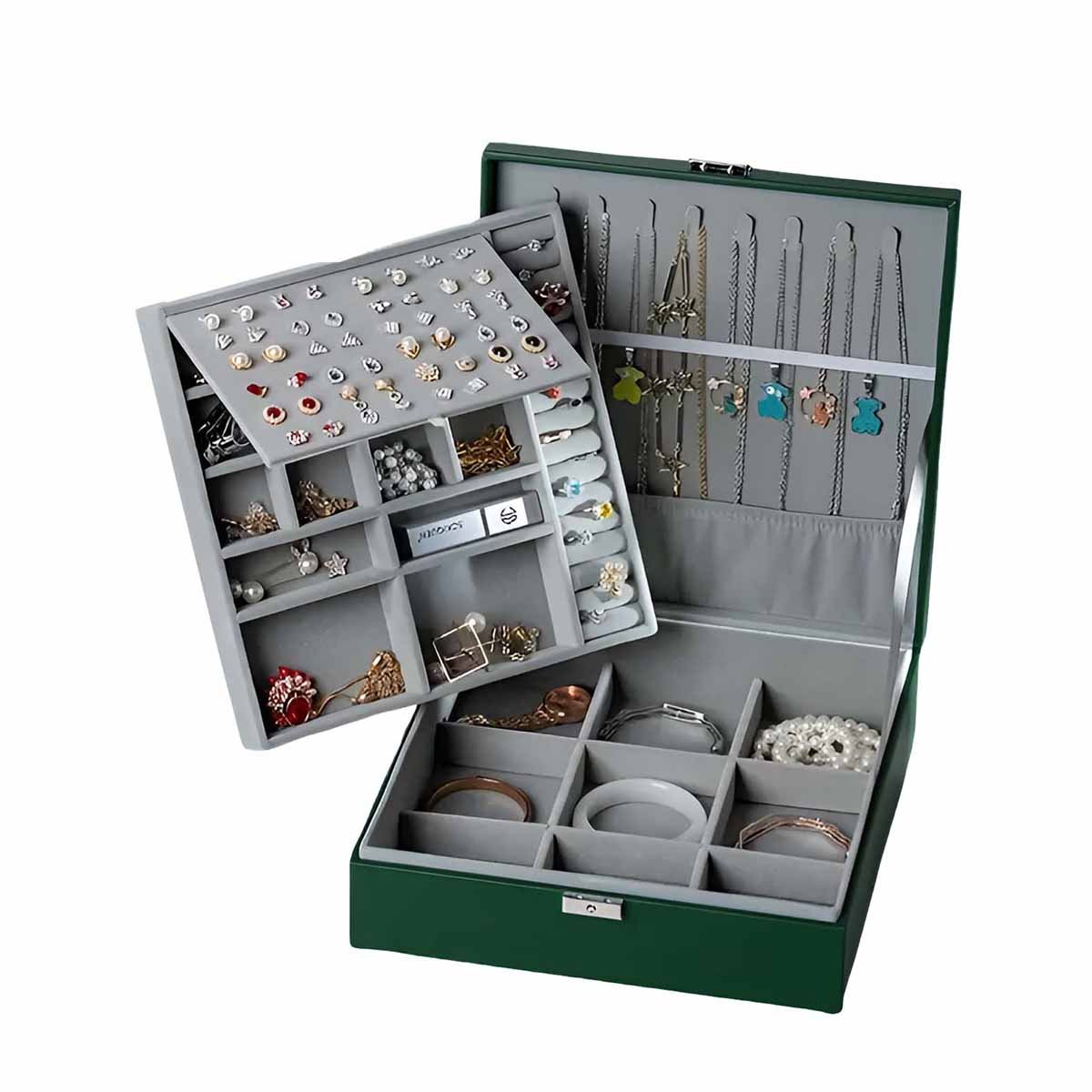 PACK6 CAJA ORGANIZADORA PORTATIL VERDE OSCURO PARA JOYERO 2 NIVELES LIGERA Y+REGALO STICKER - 2