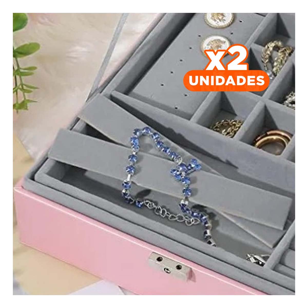 PACK2 CONTENEDOR COMPACTO ROSADO PARA JOYERO 2 NIVELES COMODO UTIL LIGERO Y+REGALO STICKER - 1