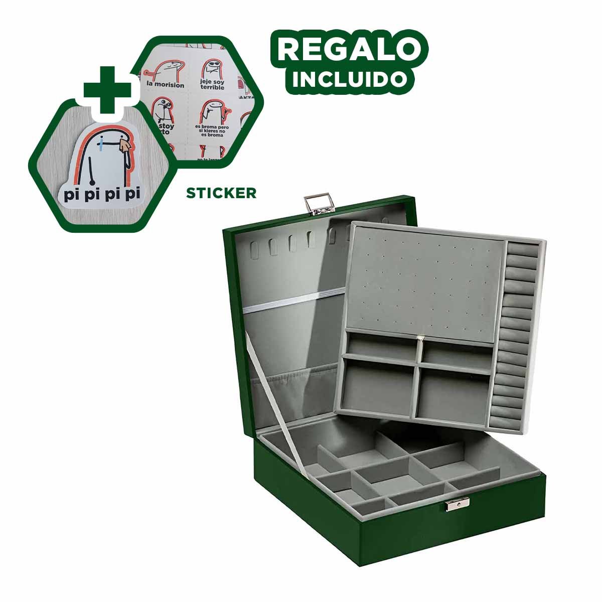 ORGANIZADOR COMPACTO VERDE OSCURO PARA JOYERO 2 NIVELES COMODO UTIL LIGERO Y+REGALO STICKER - 1