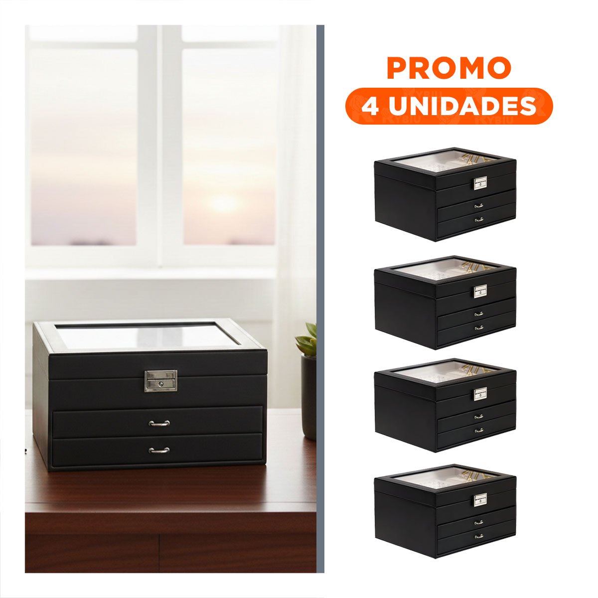 PACK4 CAJA ORGANIZADORA COMPACTA NEGRO PARA JOYERO 3 NIVELES COMODA Y UTIL Y+REGALO STICKER - 1
