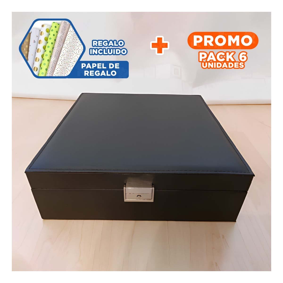PACK6 CAJA ORGANIZADORA COMPACTA NEGRO PARA JOYERO 2 NIVELES INTERIORES COMODA Y+PAPEL REGALO - 1
