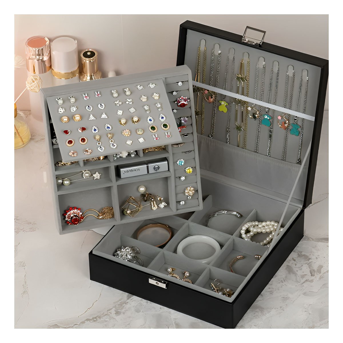 PACK6 CAJA ORGANIZADORA COMPACTA NEGRO PARA JOYERO 2 NIVELES INTERIORES COMODA Y+PAPEL REGALO - 5