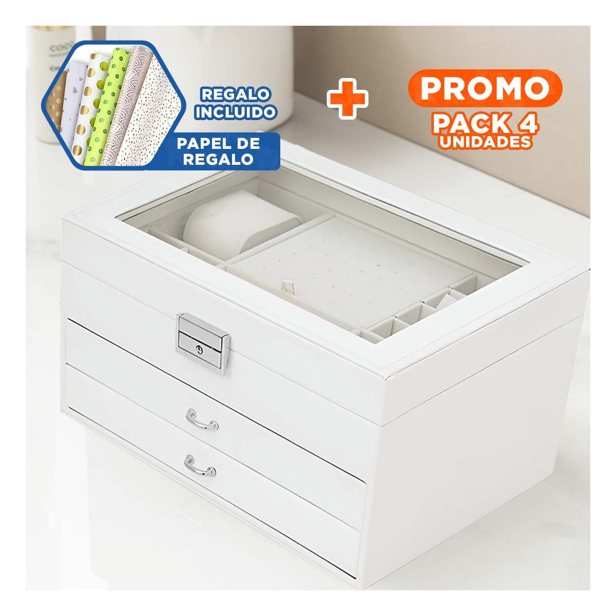 PACK4 CAJA ORGANIZADORA MANUAL BLANCO PARA JOYERO 3 NIVELES FACIL DE USAR Y+PAPEL REGALO - 1